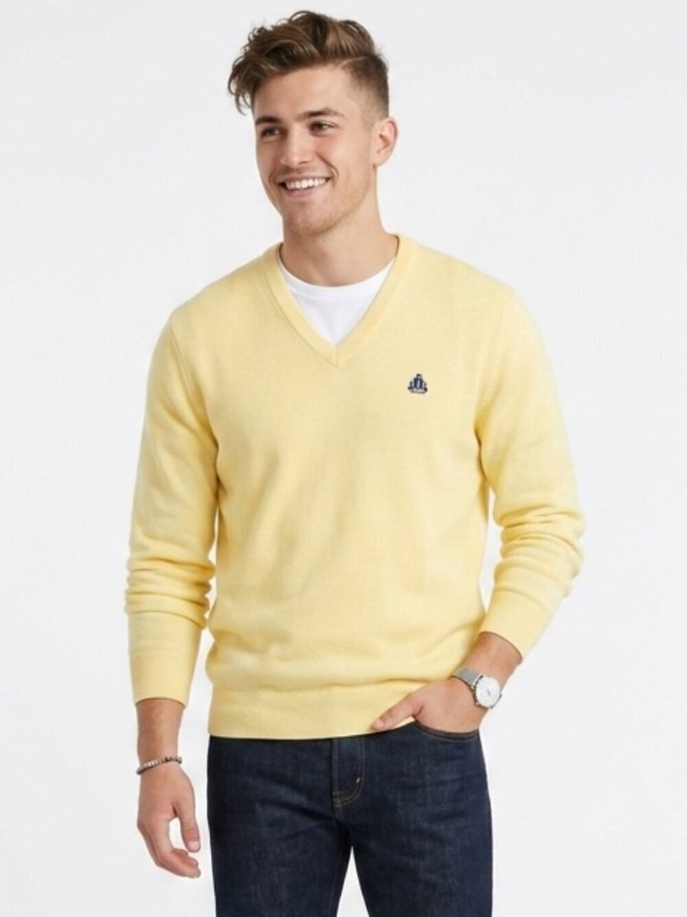 IZOD Crest Preppy V Neck Sweater Yellow Large Vintage 90s